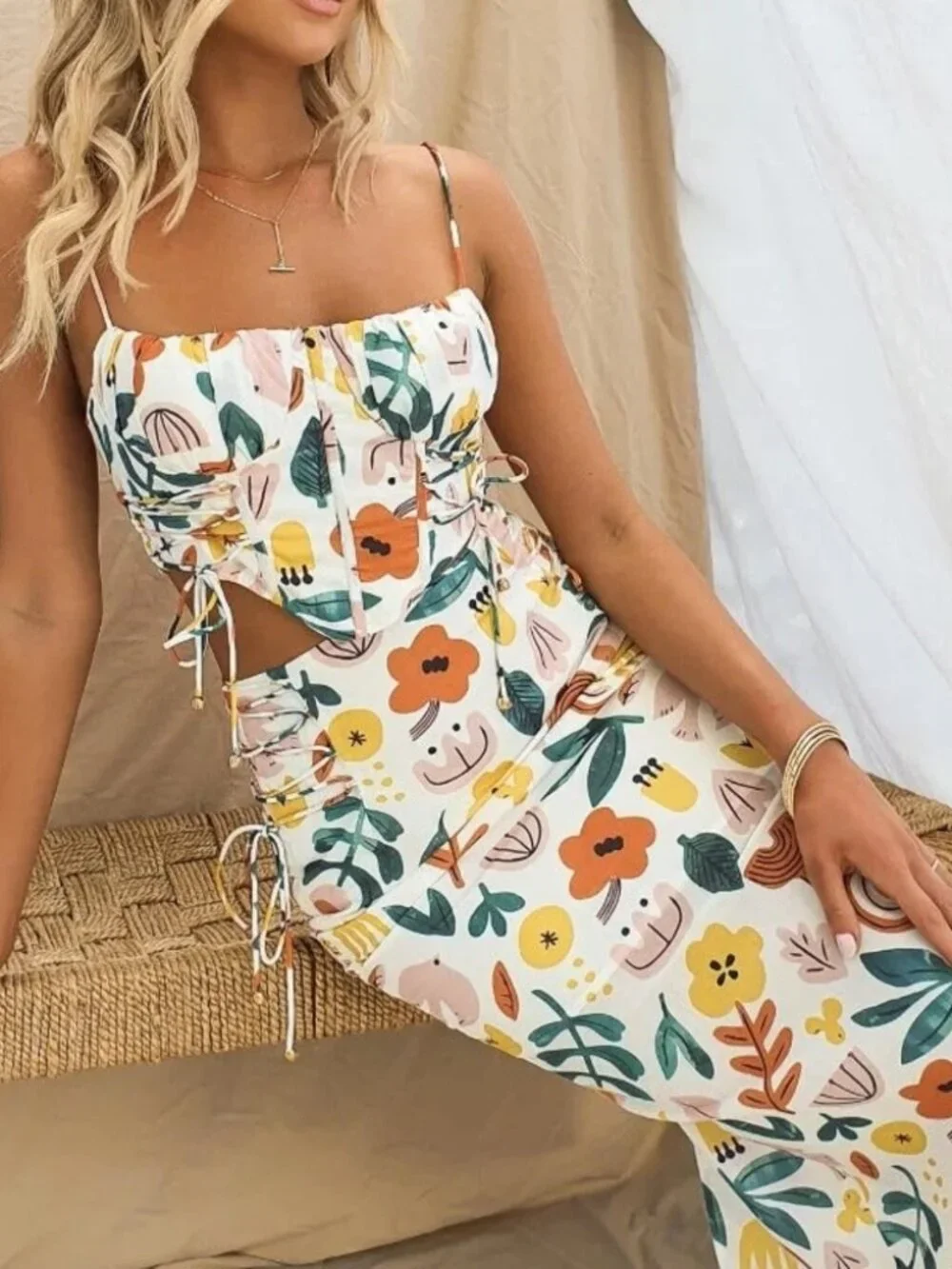 Here Comes the Sun Graziella Floral Crop Top Midi Skirt Matching Set Medium